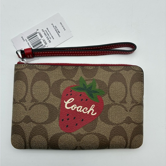 Coach Handbags - Coach Khaki & Electric Red Signature Zip Wristlet - Coach